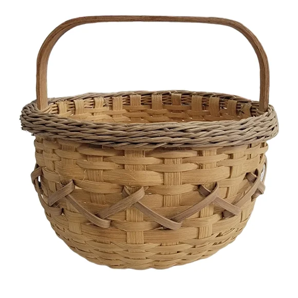 Basket Woven Brown Tall Single Oak Handle Decorative 8" x 7" Vintage Sturdy. - Picture 1 of 8